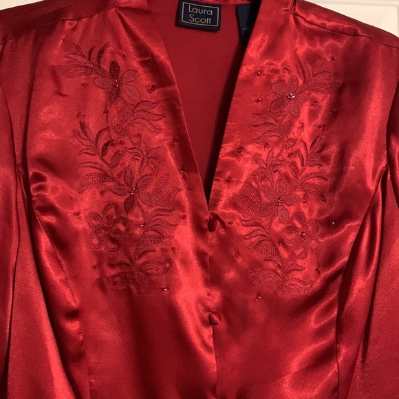 Laura Scott Red Wine Satin Embroidered Detail Blouse Top - Picture 3 of 10